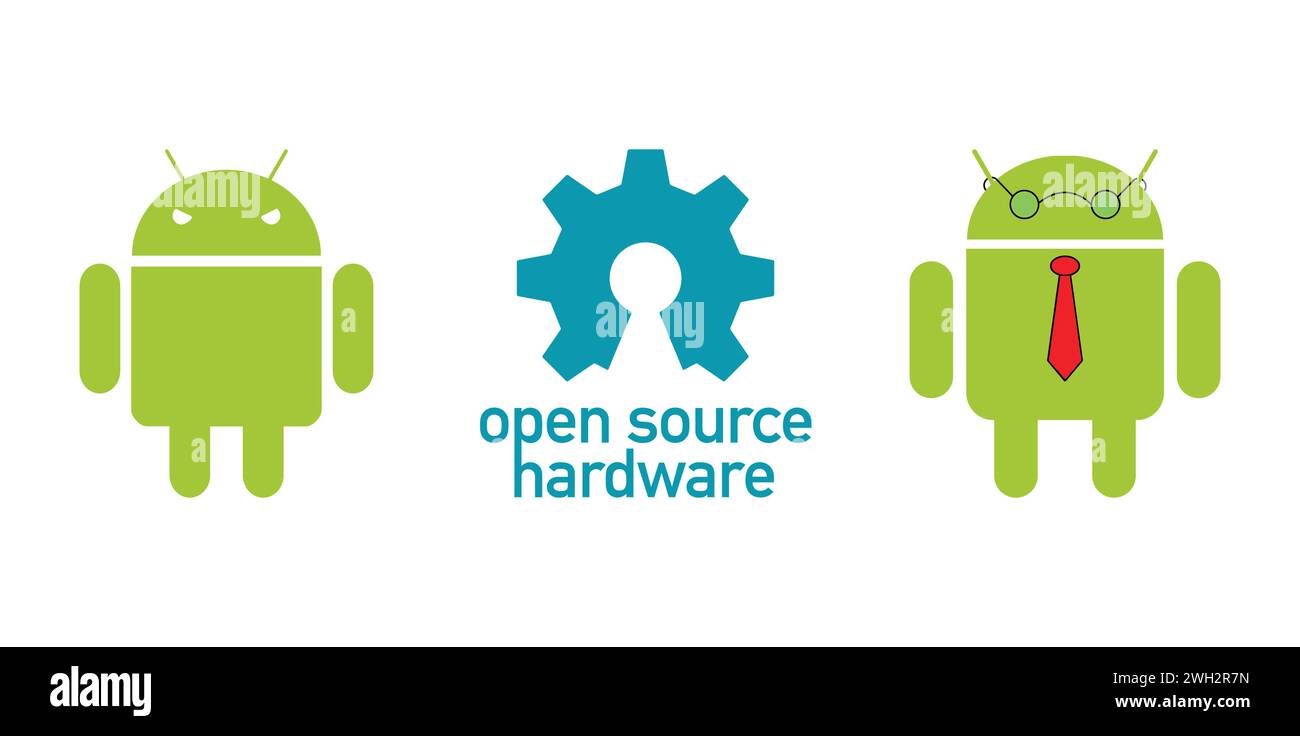 Android Angry, Open Source Hardware, Android Teacher. Editorial brand emblem. Stock Vector