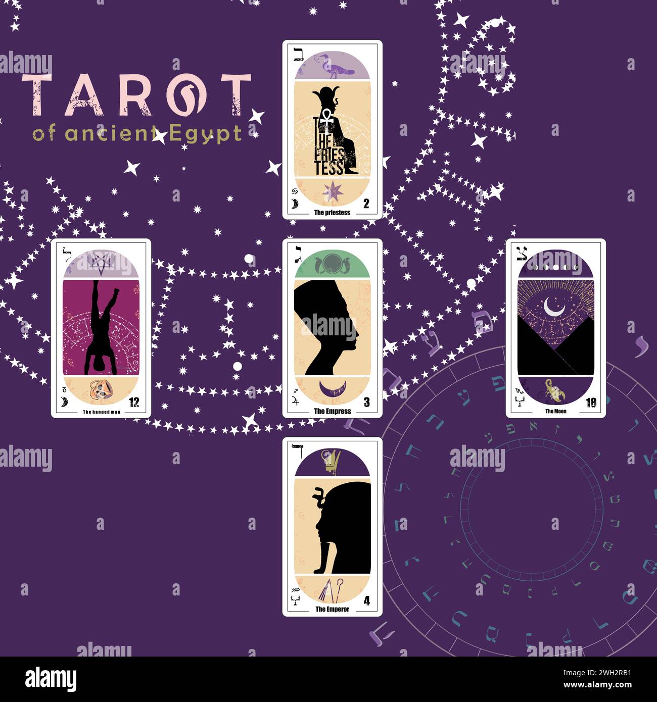 Set of Egyptian tarot cards on blue background. Cards called The