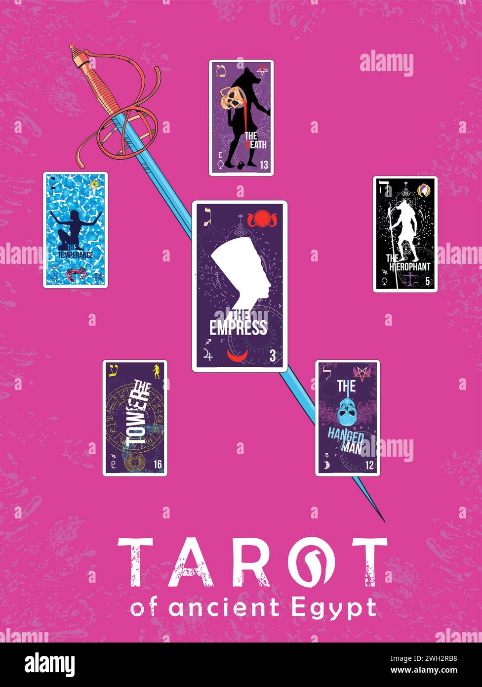 Set of Egyptian tarot cards about a sword. Cards called The Empress, The hierophant, The Death, The Temperance, the Tower and the Hanged Man. Stock Vector