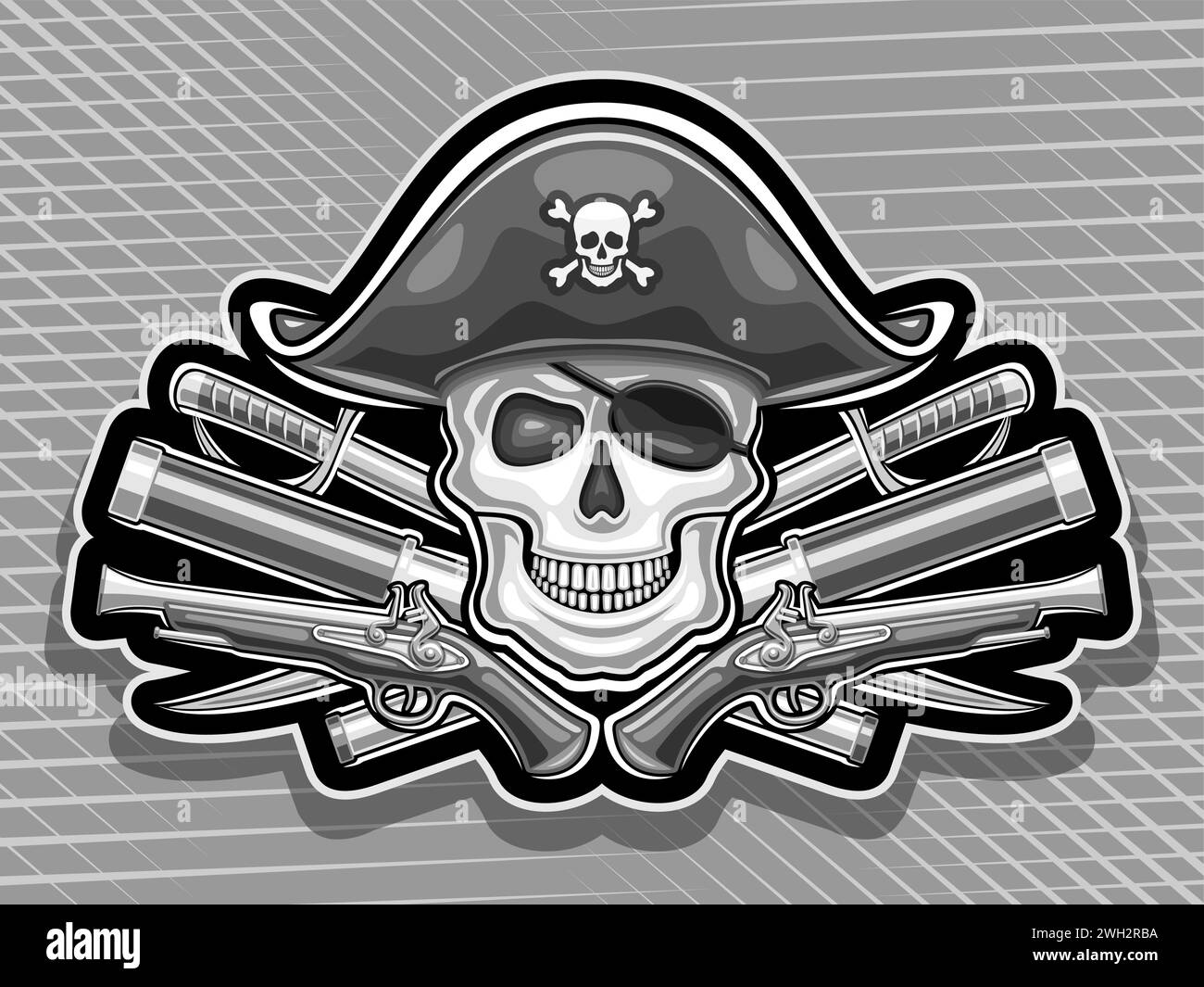 Vector logo for Pirate Skull, horizontal poster with illustration of smiling skull in sea hat and pirate eyepatch, decorative label with art design pi Stock Vector