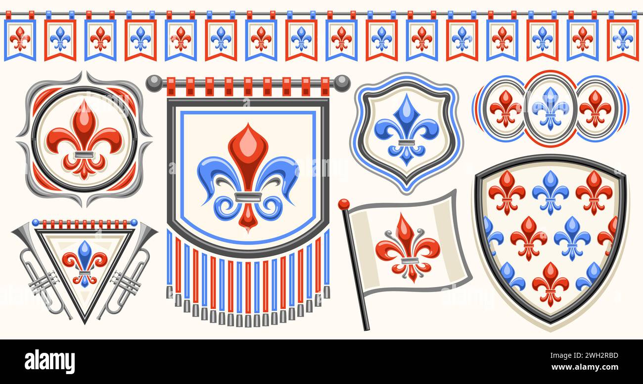 Vector Fleur de Lis set, horizontal banner with collection of cut out