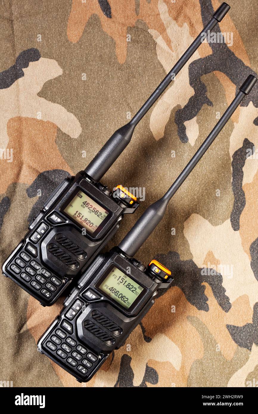 Set of two-way radios on camouflage background Stock Photo