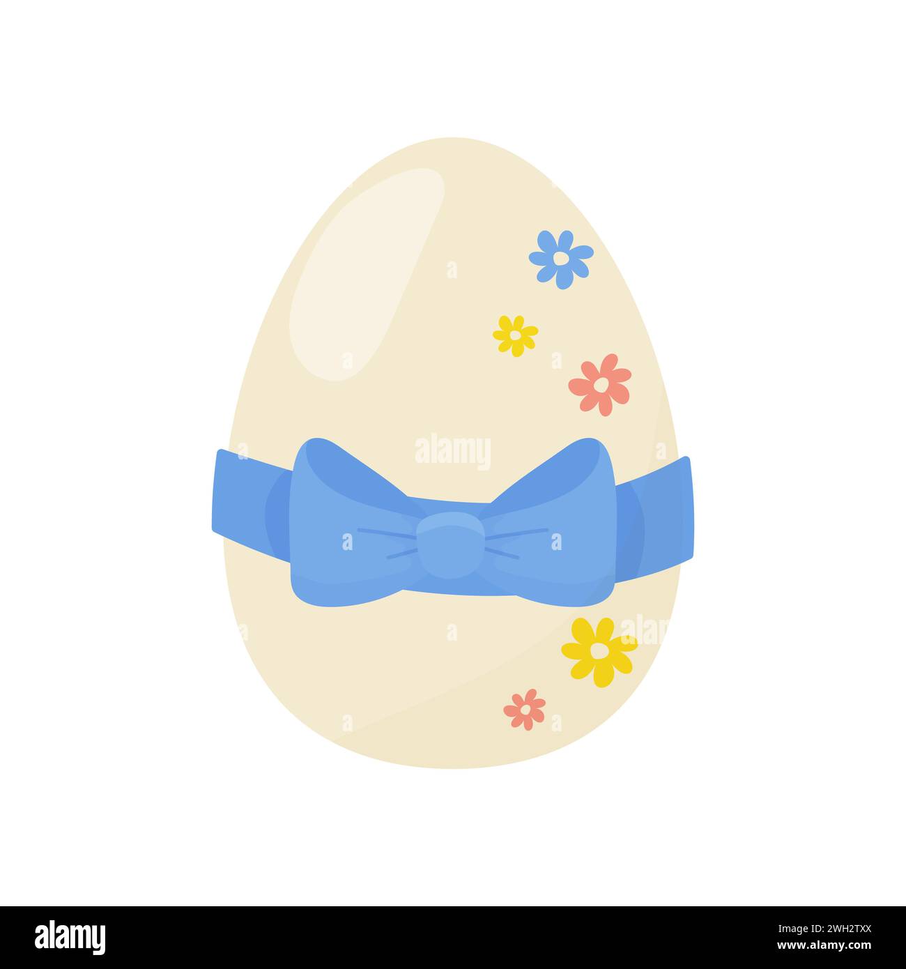 A cute easter egg, with a blue bow and flowers.  On a white isolated background vector Stock Vector