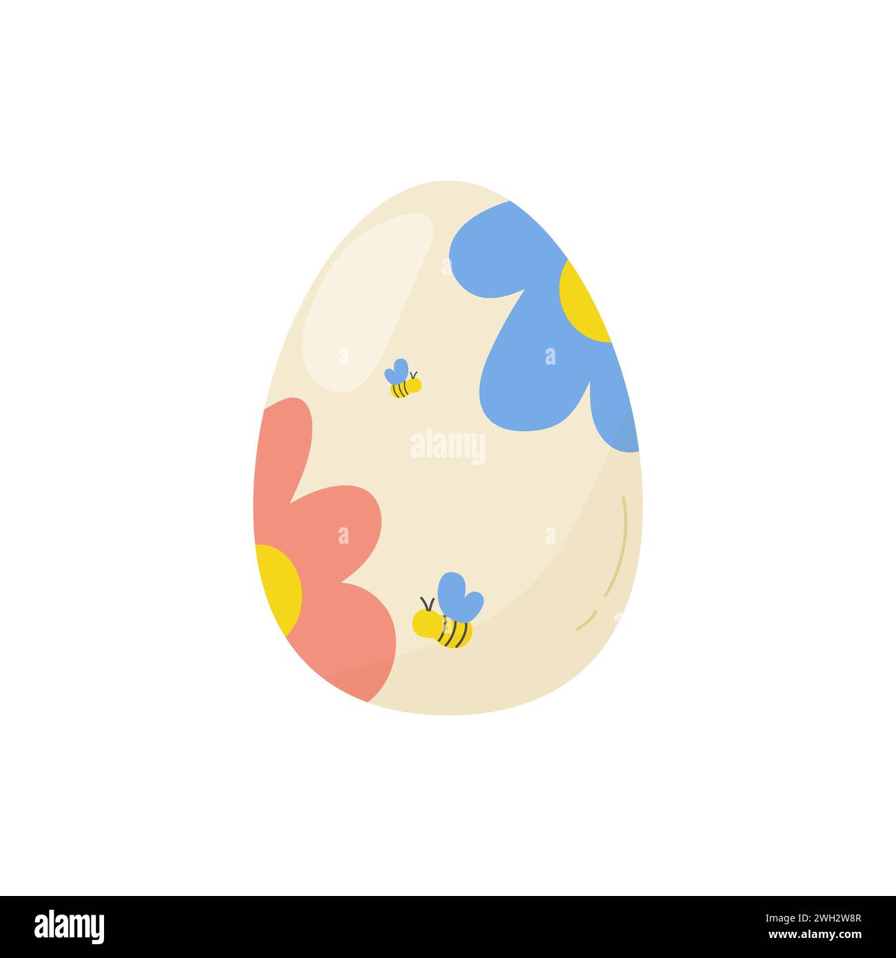 A cute easter egg, with flowers and bees. On white isolated background vector Stock Vector