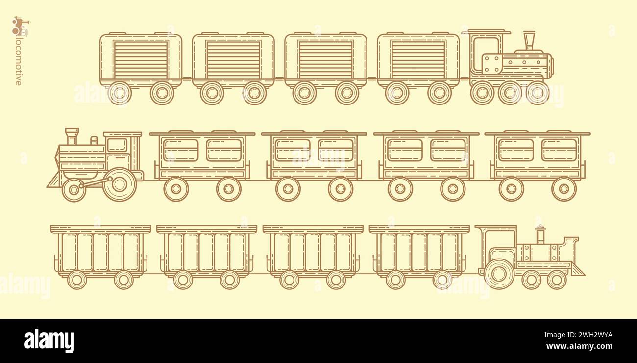 Steam locomotive , vector . Passenger train. Railway carriage	. Stock Vector