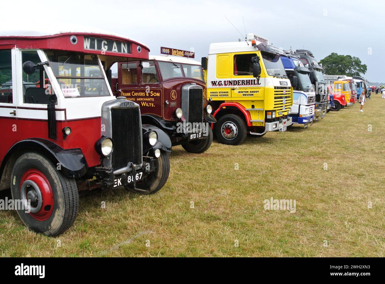 A line of classic lorries parked on display at the 48th Historic Vehicle Gathering, Powderham, Devon, England, UK. Stock Photo
