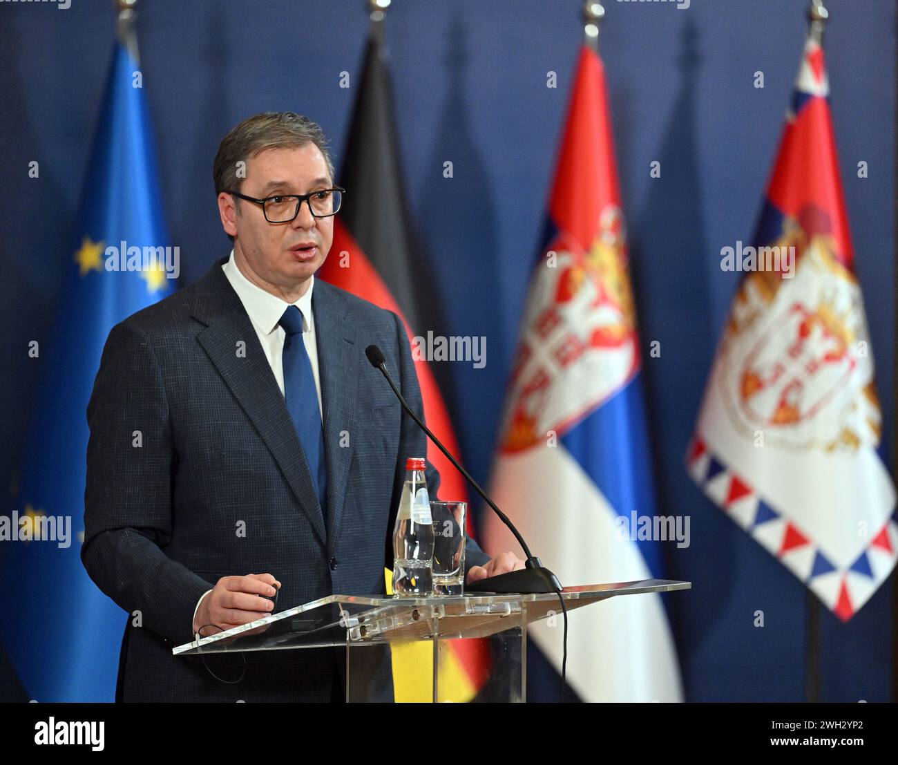 Belgrad, Serbia. 07th Feb, 2024. Aleksandar Vucic, President of Serbia, speaks during a joint press conference with Federal Minister of Defense Pistorius. Credit: Soeren Stache/dpa/Alamy Live News Stock Photo