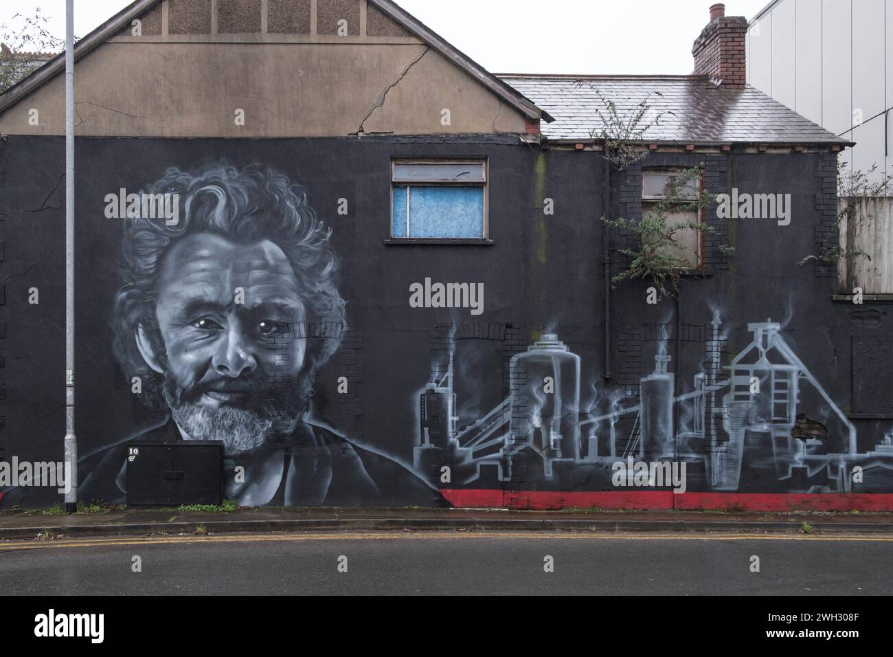 Around Port Talbot an industrial town in Neath Port Talbot Wales UK on a winters day. The Michael Sheen mural by Hazard One Stock Photo