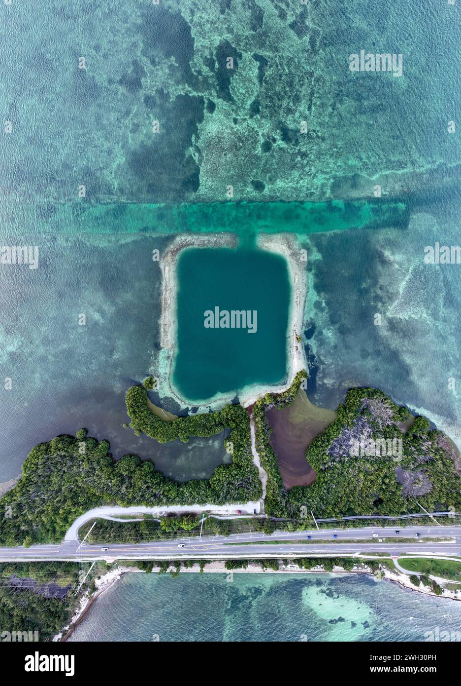 Aerial view of Horseshoe beach and blue hole ocean along Florida Keys
