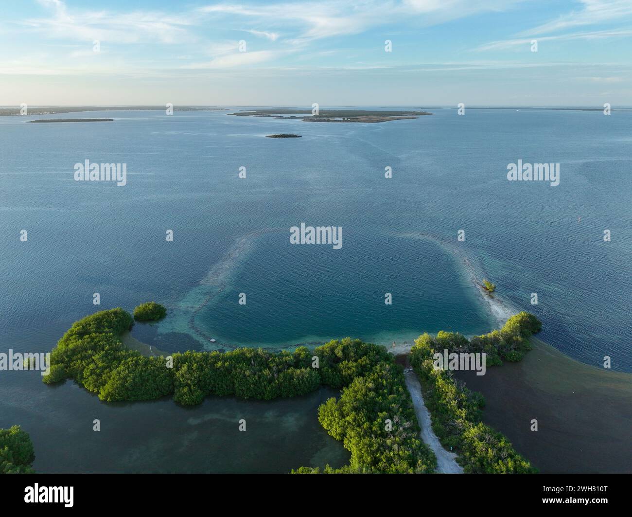 Aerial view of Horseshoe beach and blue hole ocean along Florida Keys