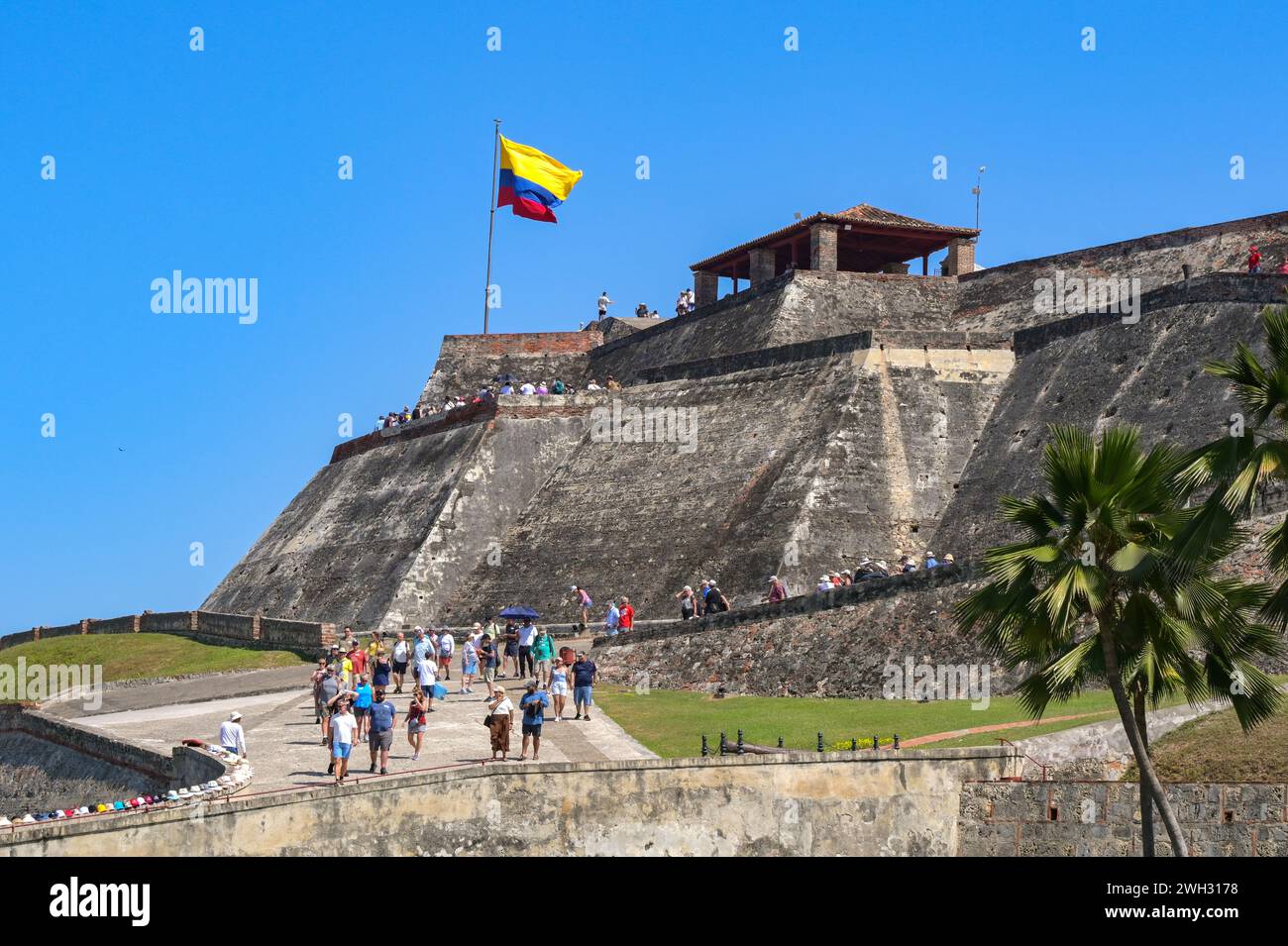 Cartagena, Colombia - 24 January 2024: People waling up and down the path to San Felipe de Barajas Castle in Cartagena. Stock Photo