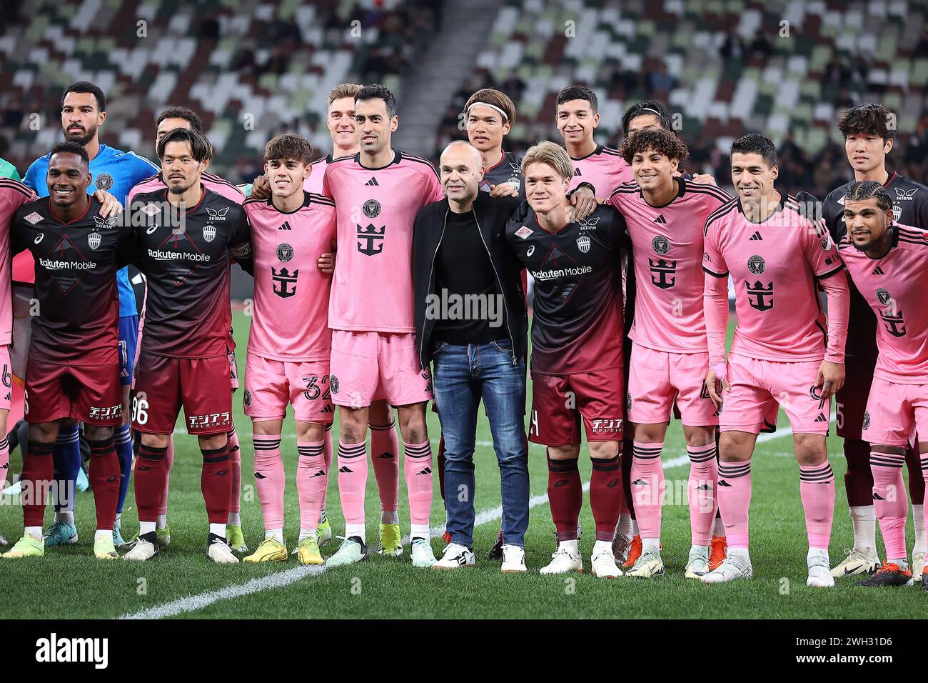 Tokyo, Japan. 7th Feb, 2024. Former Vissel Kobe player Andres INIESTA (C) poses for the cameras alongside Inter Miami CF and Vissel Kobe players prior to the start of a friendly match at Japan National Stadium in Tokyo. Vissel Kobe defeats Inter Miami CF 4:3 in penalties. (Credit Image: © Rodrigo Reyes Marin/ZUMA Press Wire) EDITORIAL USAGE ONLY! Not for Commercial USAGE! Stock Photo
