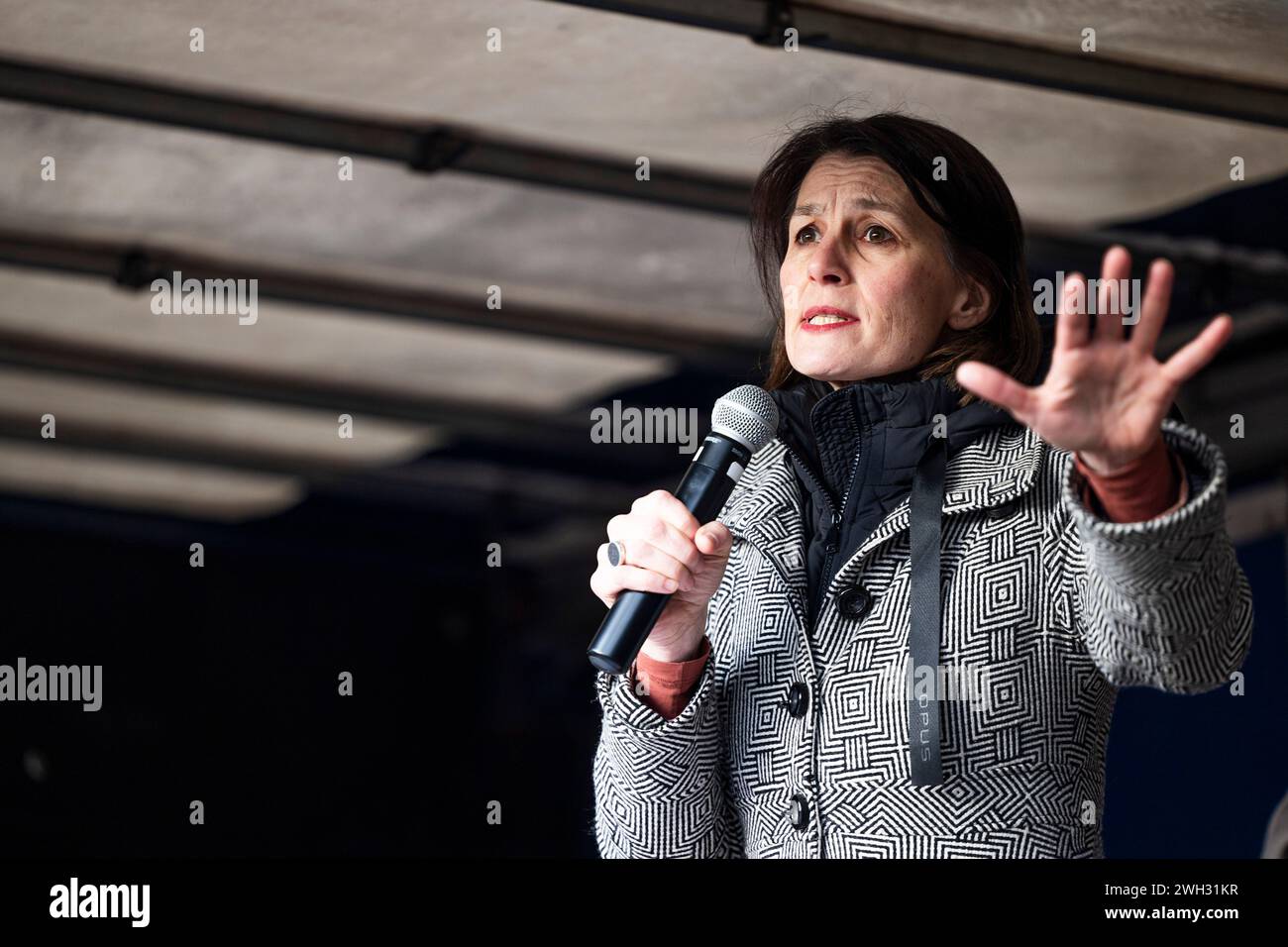 Hanover, Germany. 07th Feb, 2024. Miriam Staudte (Alliance 90/The Greens), Lower Saxony's Minister of Agriculture, speaks during a rally in the city center on the Platz der Göttinger Sieben. The groups 'Land schafft Verbindung' (LSV) and 'Freie Bauern' have called for a protest in response to the federal government's austerity plans. Credit: Michael Matthey/dpa/Alamy Live News Stock Photo