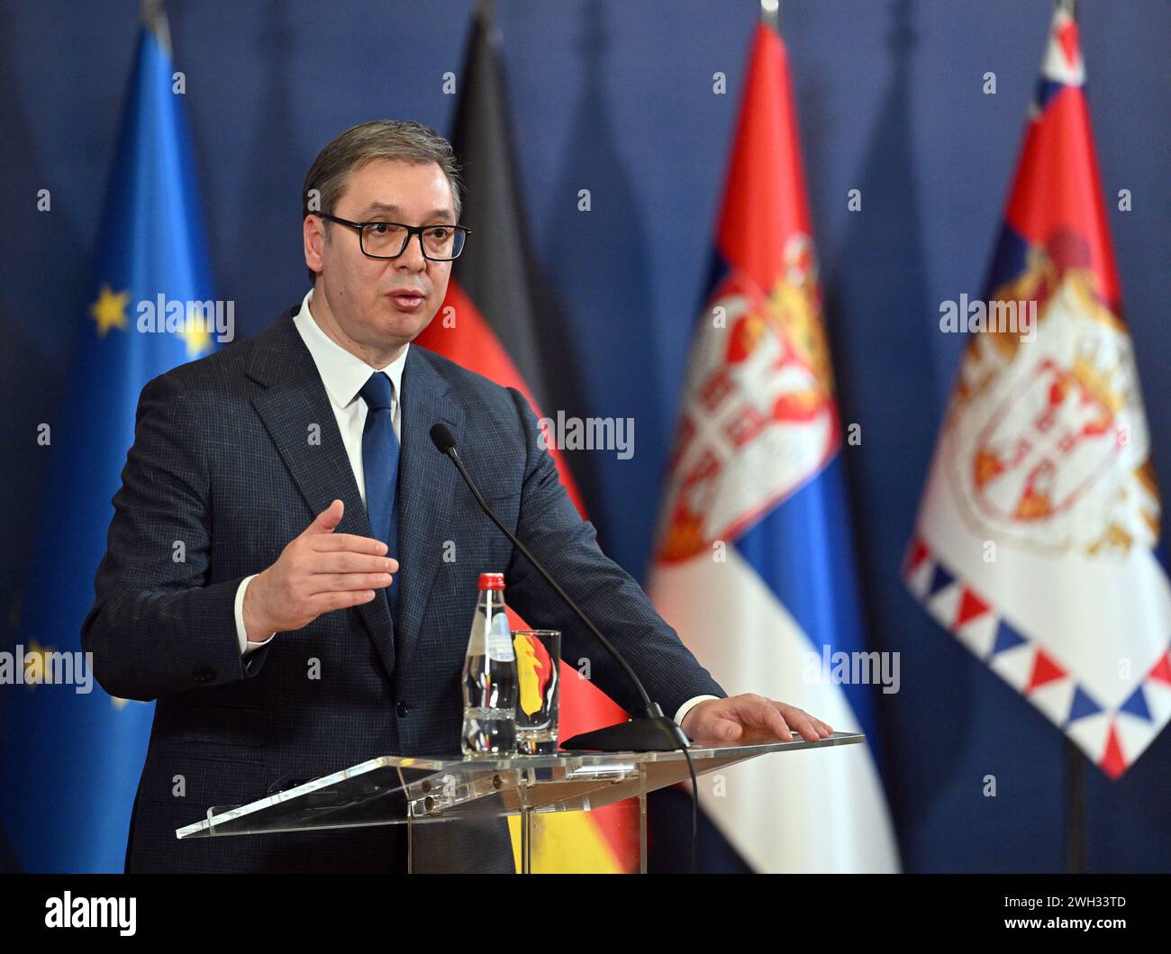 Belgrad, Serbia. 07th Feb, 2024. Aleksandar Vucic, President of Serbia, speaks during a joint press conference with Federal Minister of Defense Pistorius. Credit: Soeren Stache/dpa/Alamy Live News Stock Photo