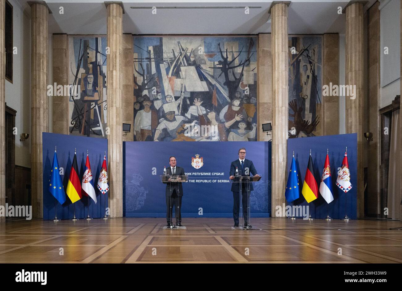 Belgrad, Serbia. 07th Feb, 2024. Boris Pistorius (l, SPD), Federal Minister of Defense, speaks during a joint press conference with Aleksandar Vucic (r), President of Serbia. Credit: Soeren Stache/dpa/Alamy Live News Stock Photo