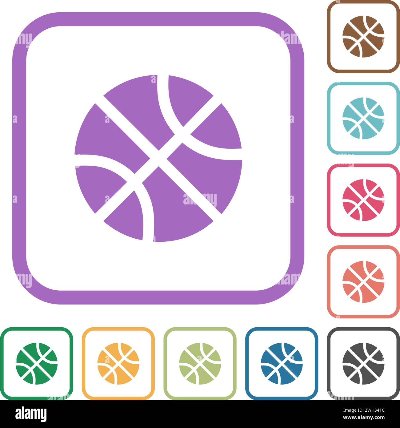 Basketball solid simple icons in color rounded square frames on white background Stock Vector