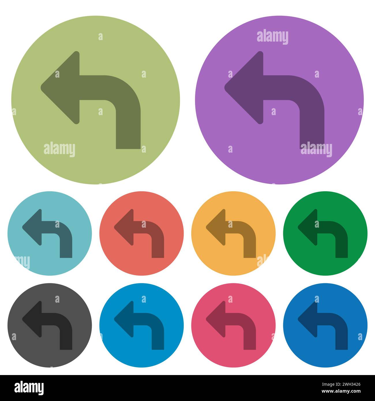 Top left side turn arrow solid darker flat icons on color round background Stock Vector