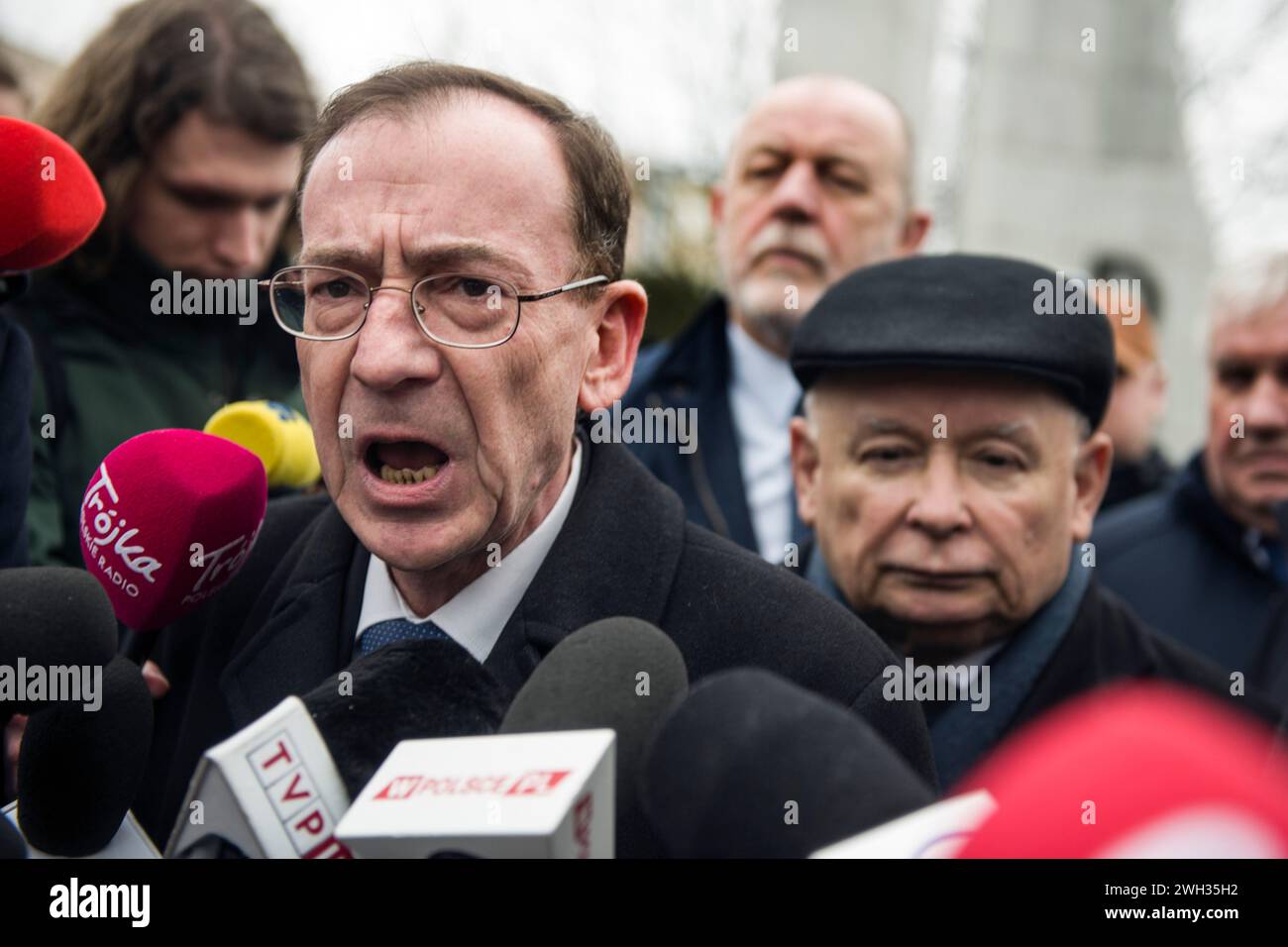 Former Minister of Interior and Administration, Mariusz Kaminski who is released from prison after a second presidential pardon speaks to the media outside the Parliament. Former interior minister, Mariusz Kaminski and his deputy Maciej Wasik were jailed last month after being sentenced for abuse of power for actions taken in 2007, when they served in an earlier Law and Justice-led government and previously led the Central Anti-Corruption Bureau (CBA). They claimed to be 'political prisoners' and they also lost their parliamentary mandates.They tried to push their way into parliament, supporte Stock Photo