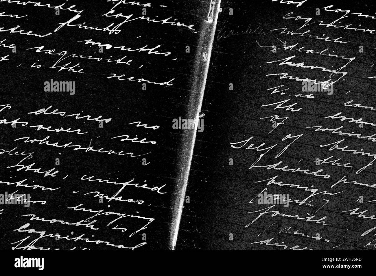 Parts of a handwritten text written. The paper and writing are more than eighty year old. The colours are  converted to black and white negative Stock Photo