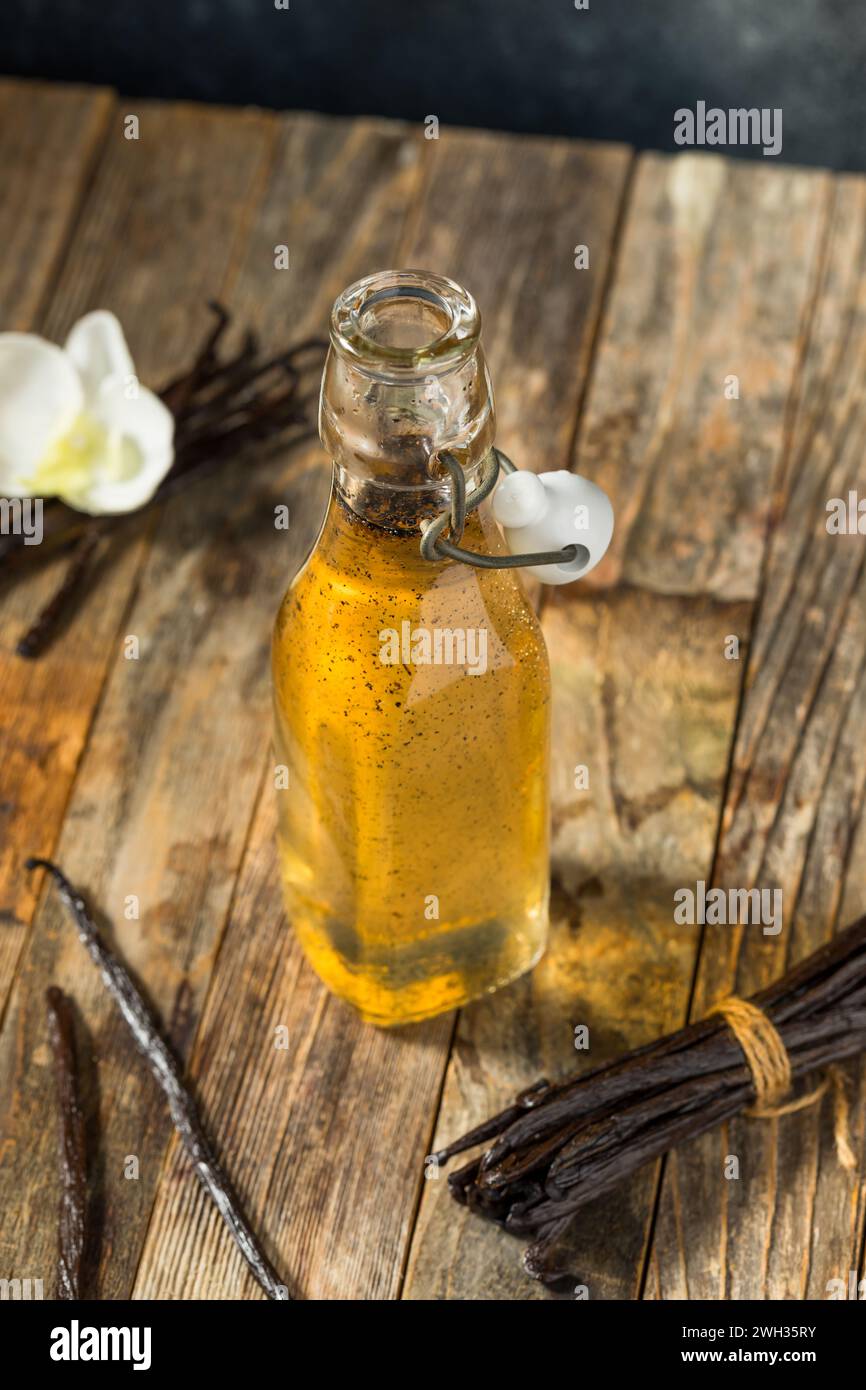 Sweet Vanilla Bean Simple Syrup in  a Bottle for Drinks Stock Photo
