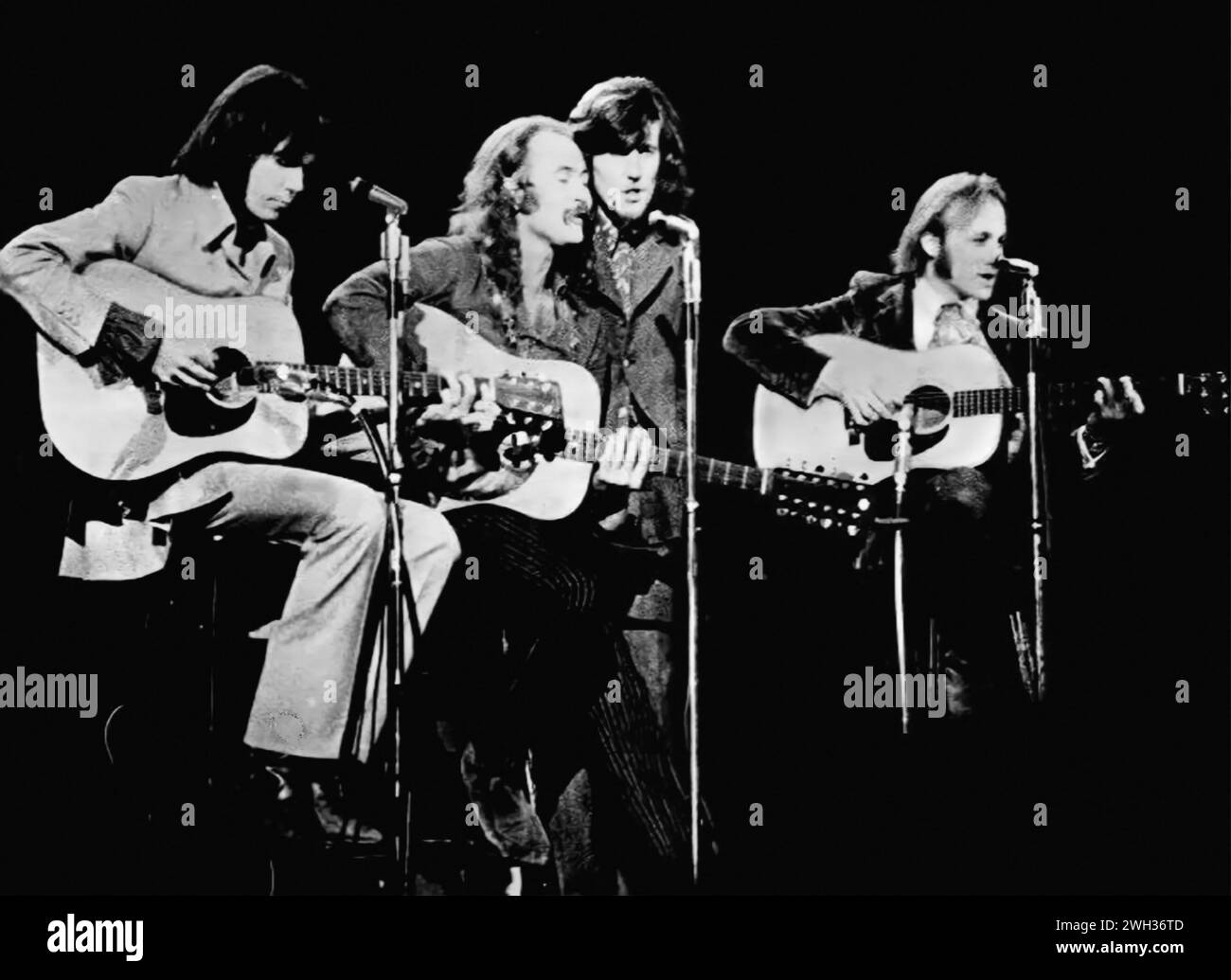 Crosby, Stills, Nash and Young. Photograph of the American rock band in 1970. From left to right: Neil Young, David Crosby, Graham Nash and Stephen Stills Stock Photo