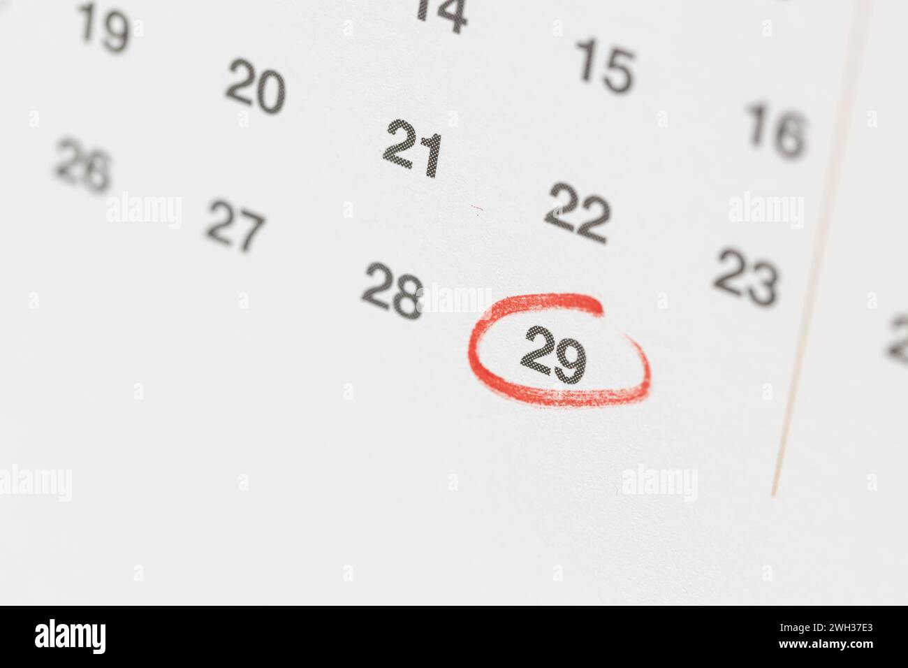 Red circle mark on february 29th day on calendar. Copy space Stock Photo