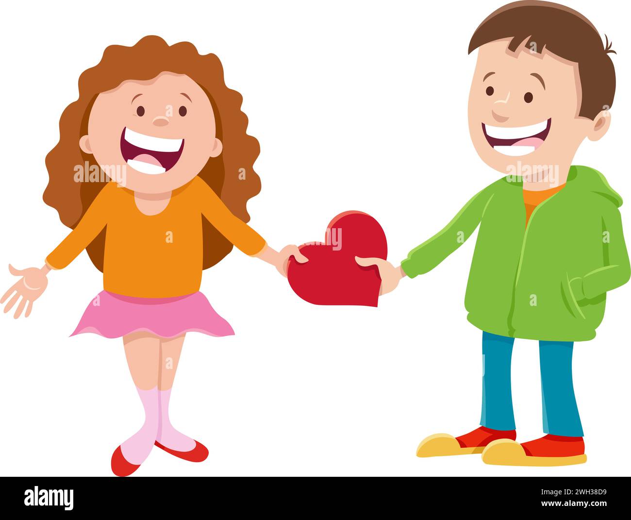 Cartoon illustration with girl and boy characters with Valentines Day ...