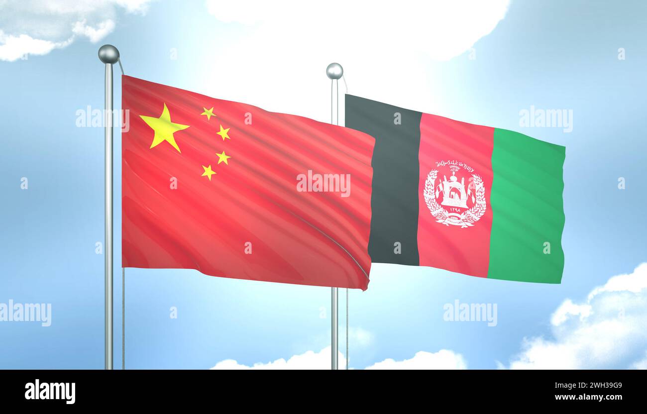 3D Flag of China and Afghanistan on Blue Sky with Sun Shine Stock Photo ...