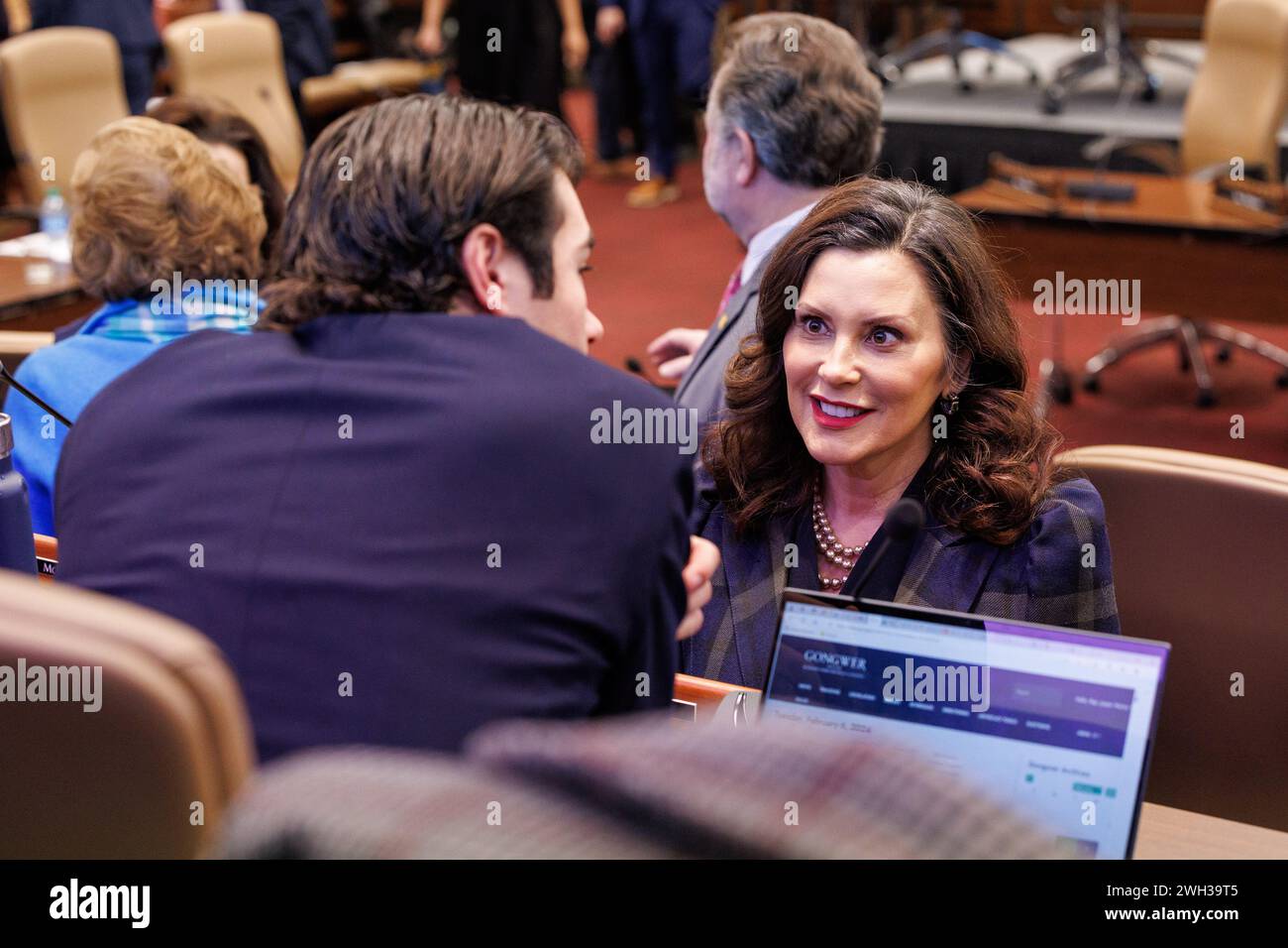 Lansing, USA. 07th Feb, 2025. Michigan Gov. Gretchen Whitmer greets
