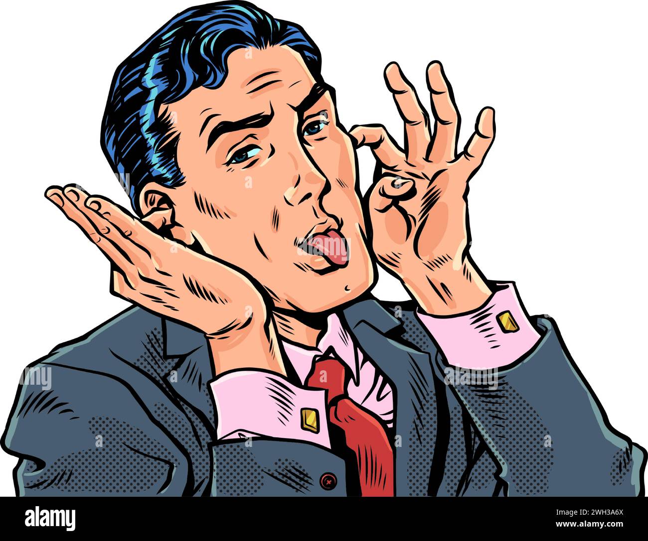 A man in a suit grimaces and sticks out his tongue. Making fun of colleagues in the company. Irresponsible worker at work. Pop Art Retro Vector Illust Stock Vector