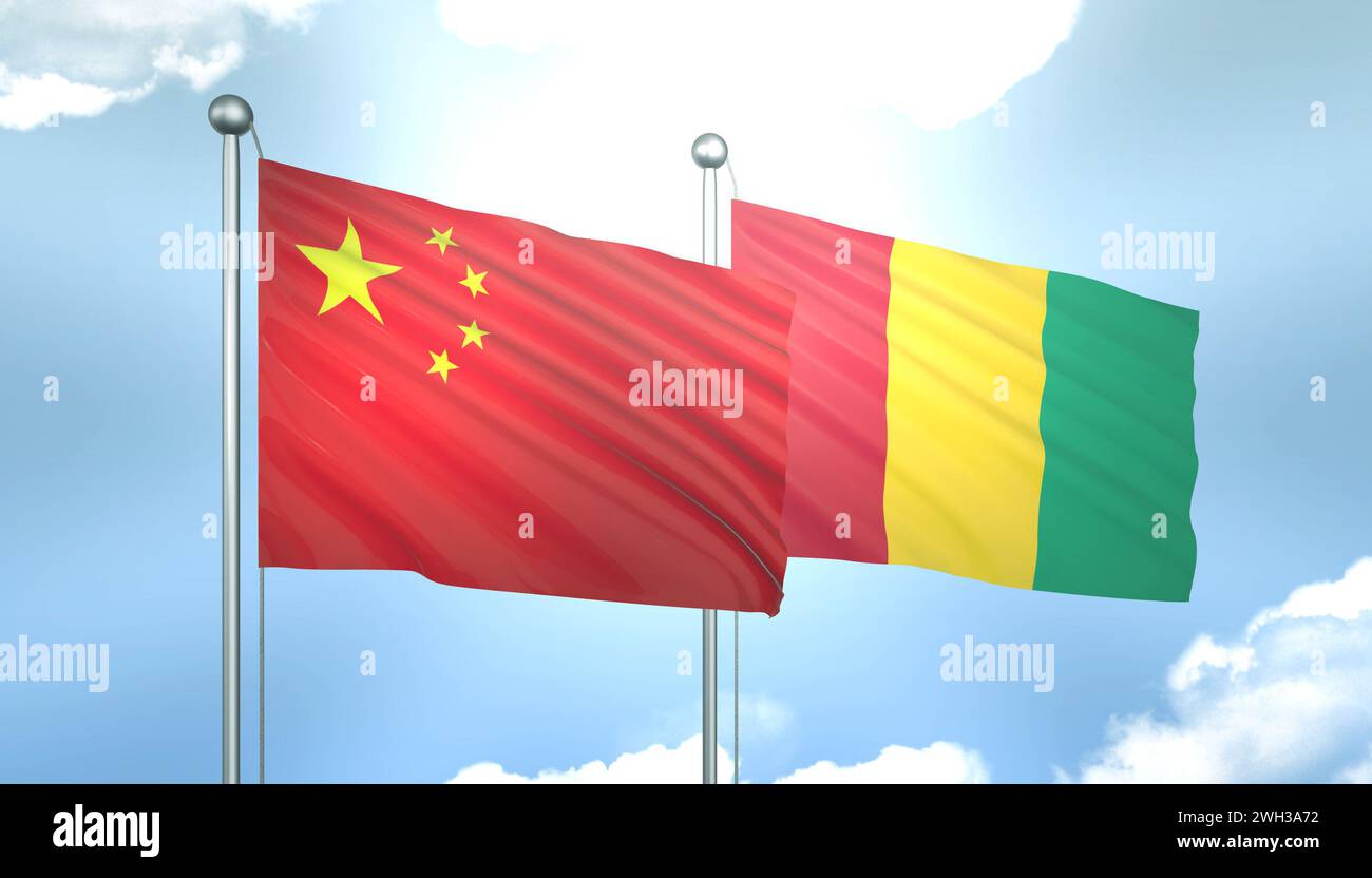 3D Flag of China and Guinea on Blue Sky with Sun Shine Stock Photo