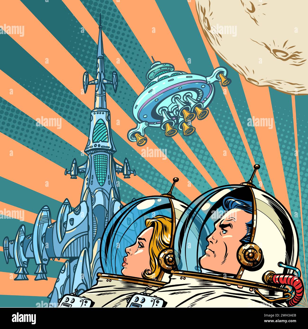 Astronauts look together at a space station in orbit around the moon