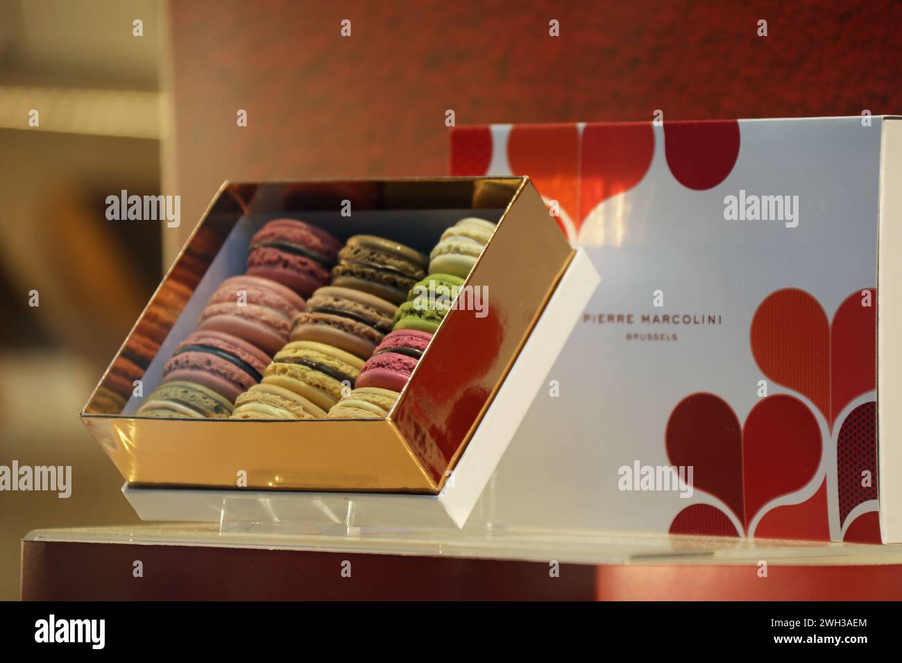Boxed macarons for Valentines Day in the window of Pierre Marcolini Stock Photo