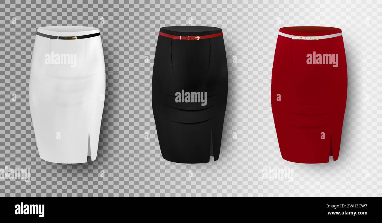 Black, white and red pencil skirt mockup set, vector illustration