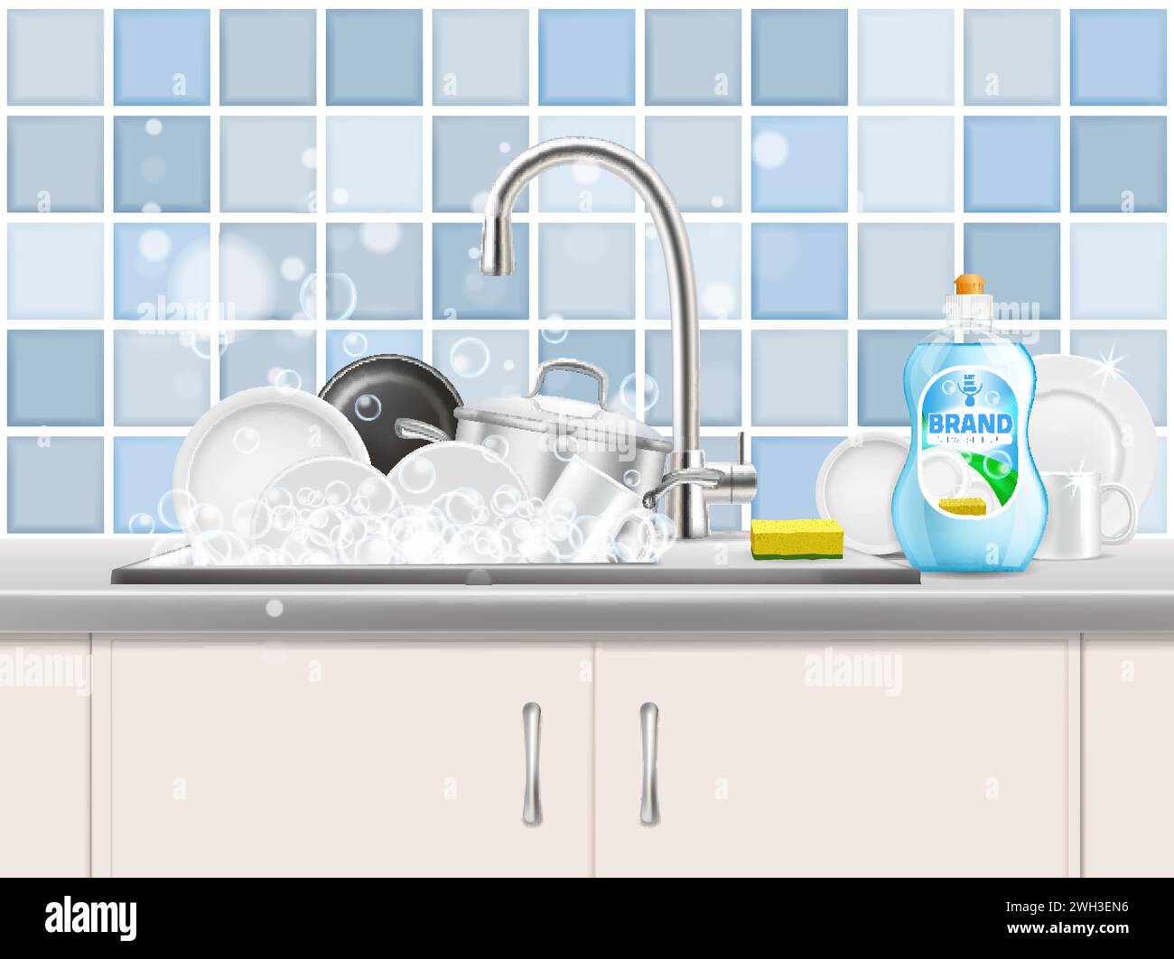 Kitchen sink full of clean cookware and dishes, sponge and dishwashing