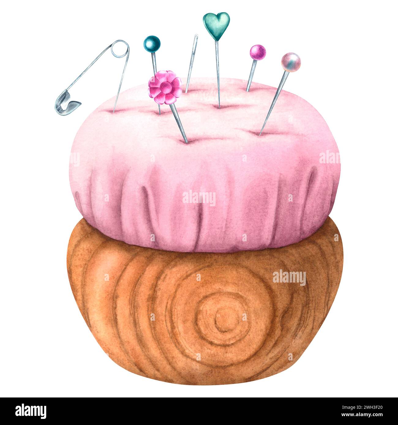 Pink pincushion with needles, safety pin and plastic head pins. Hand