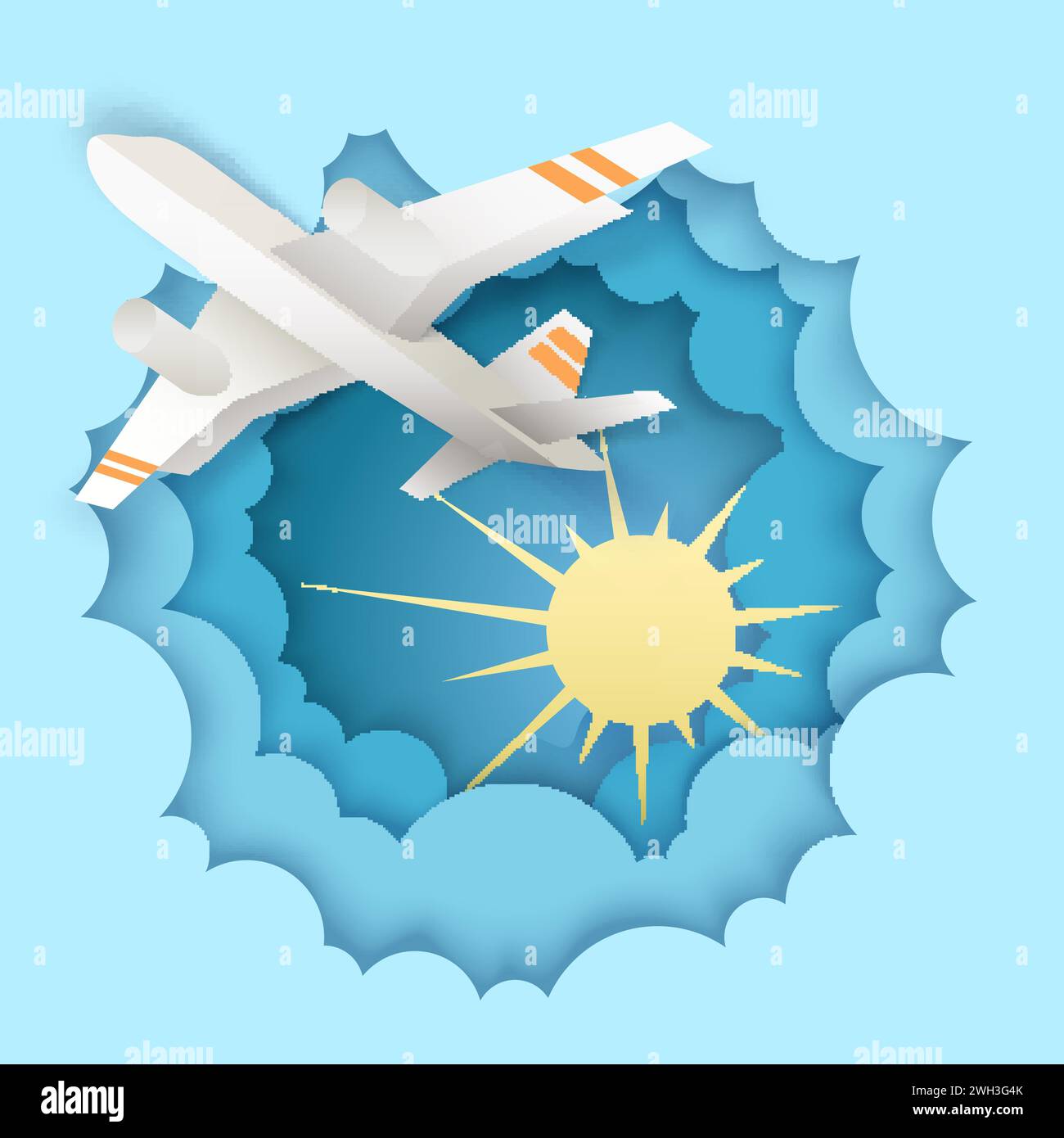 Airplane flying high in layered paper cut sky, vector illustration in modern origami craft style. Traveling, tourism, flight tour concept. Stock Vector