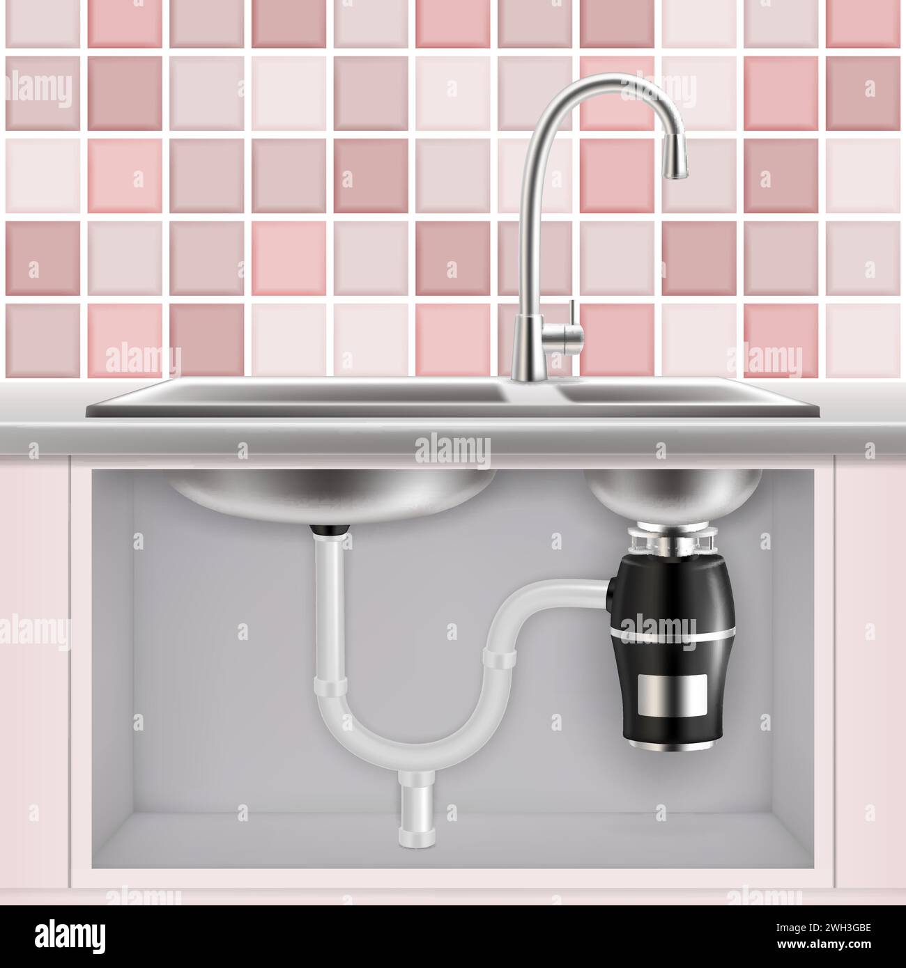 Food waste disposer vector realistic illustration. Garbage disposal