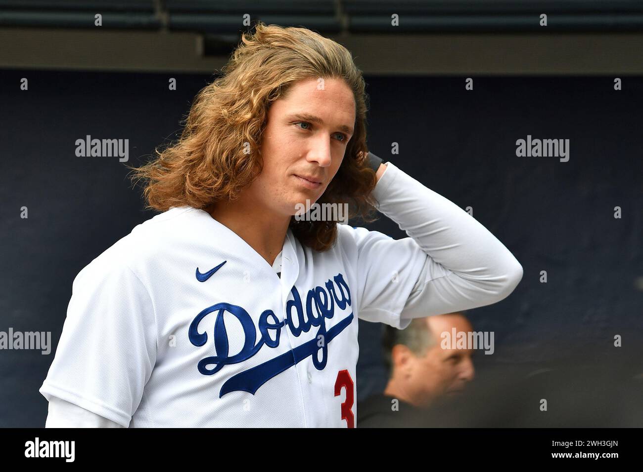LOS ANGELES, CA - FEBRUARY 03: Los Angeles Dodgers pitcher Tyler Glasnow looks on during