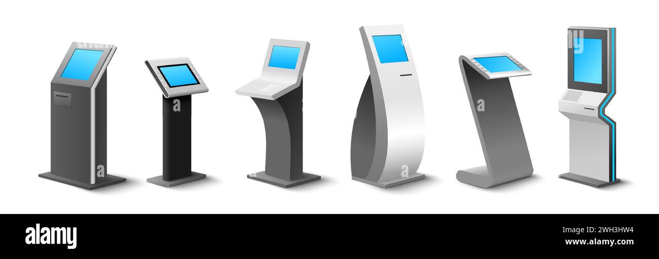 Different self-service kiosk to order and payment online realistic mockup set. Modern interactive machines, freestanding terminal and atm construction Stock Vector