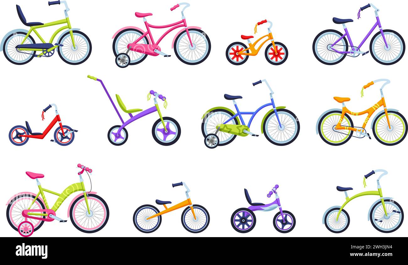 Cartoon kids bicycles. Children bikes for boys and girls, bicycle with