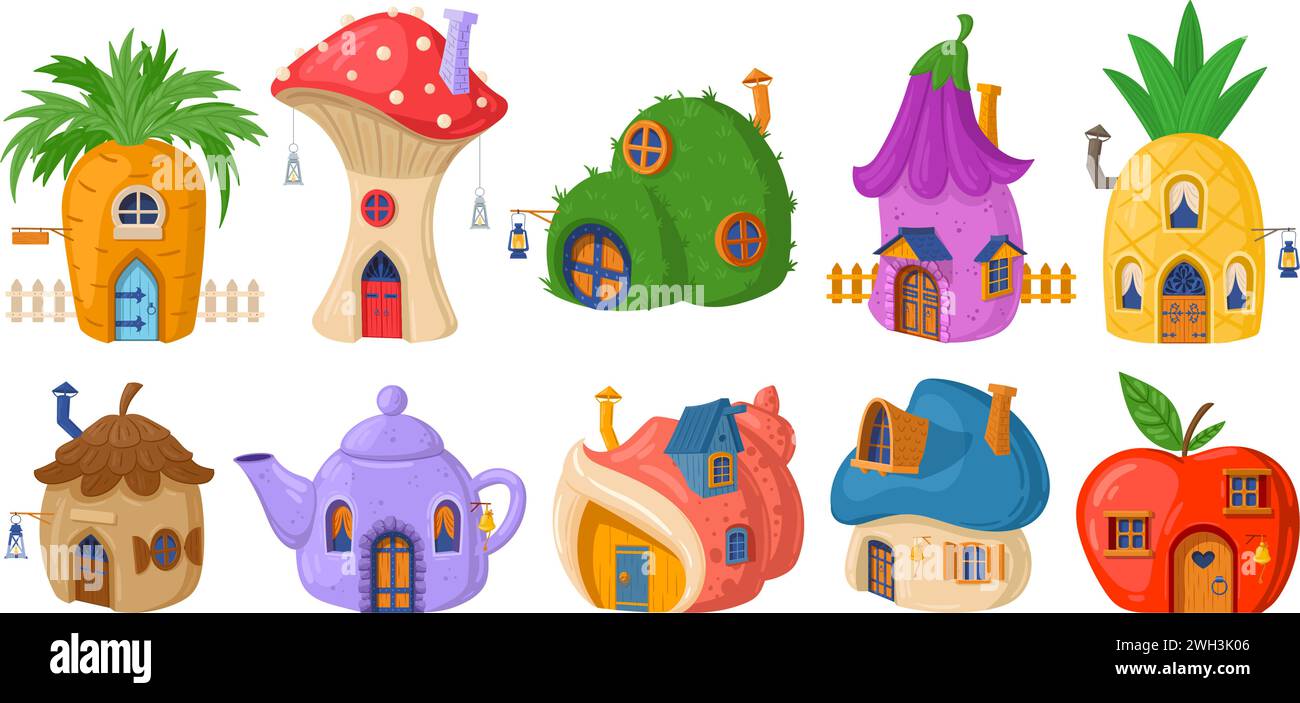 Fairy mushroom house, cartoon fairytale tiny forest house. Fairytale plants, gnomes or hobbit houses vector illustration set. Fantasy cute buildings. Stock Vector