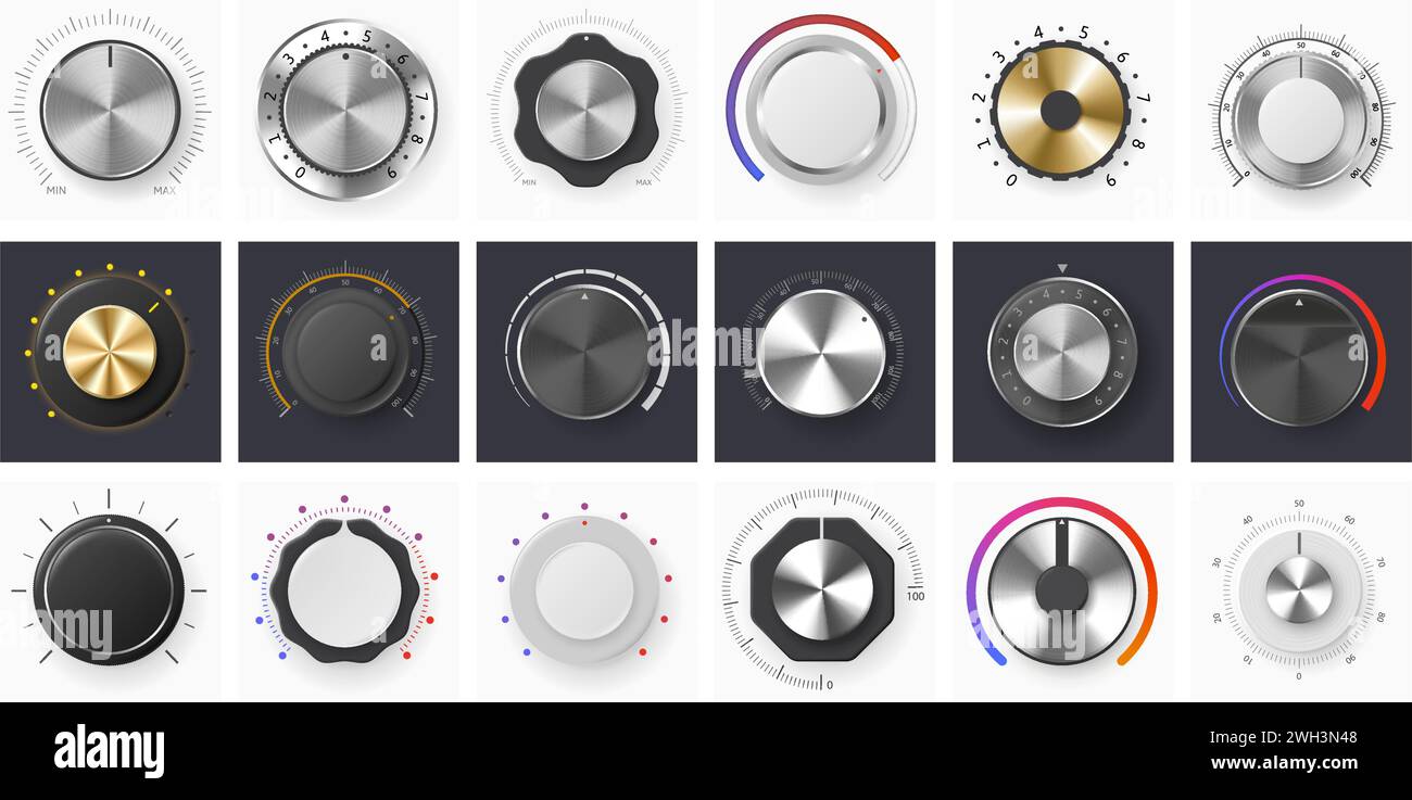 Volume control knob. Amplifier round dial level regulator, metal