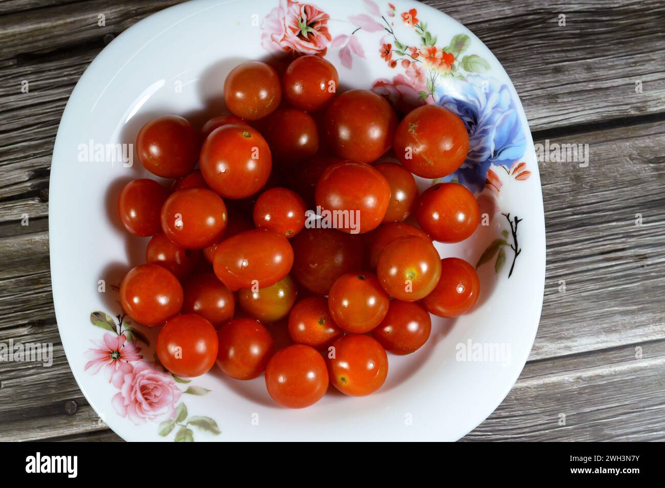 The cherry tomato, a type of small round tomato believed to be an intermediate genetic admixture between wild currant-type tomatoes and domesticated g Stock Photo