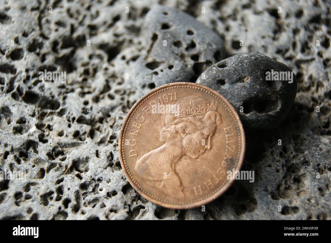 An old British coin with the image of the Queen 2 New Pence1971 Stock Photo