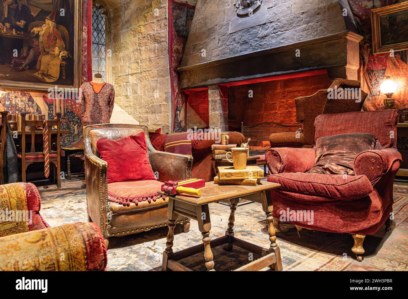 Gryffindor House common room film set at Hogwarts School of Magic at The Making of Harry Potter Studio tour, Leavesden, Hertfordshire, England Stock Photo