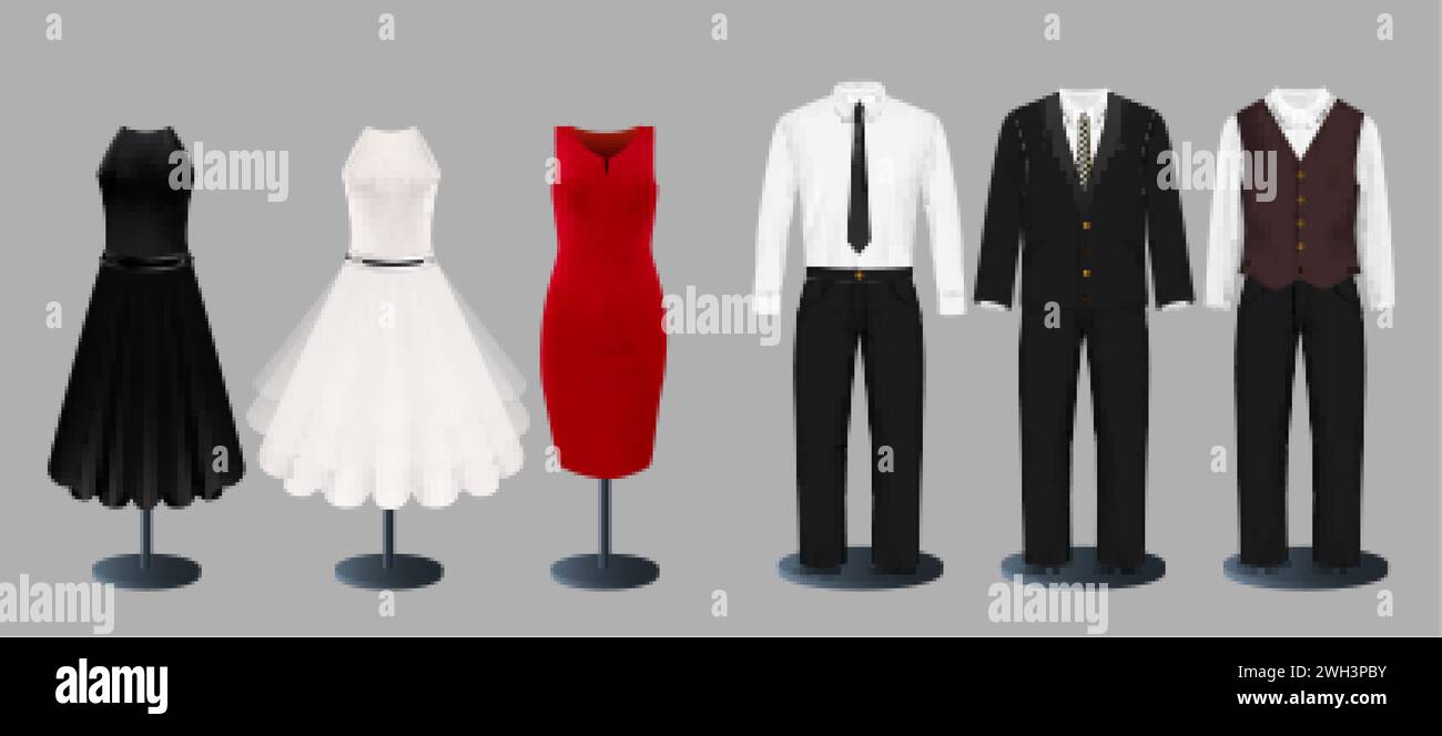 Suits and dresses on mannequin in row vector set. Elegant female and