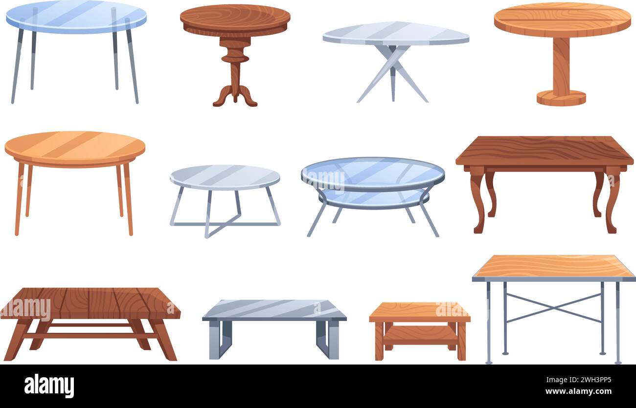 Cartoon table. Wooden, metal and glass cafe and home decor furniture