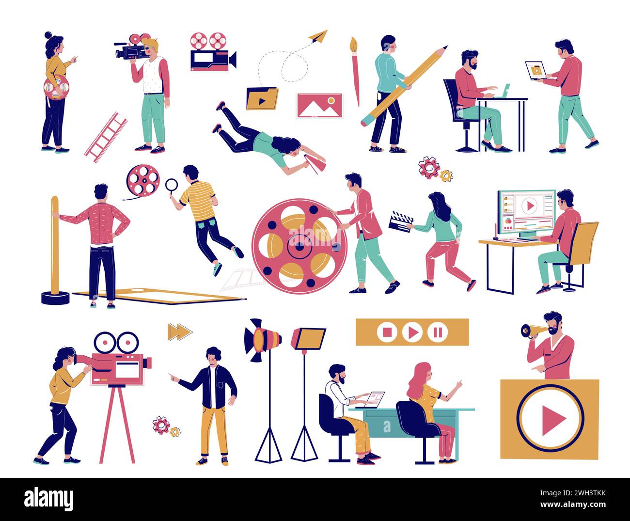 Motion graphic specialists cartoon character set, vector flat isolated