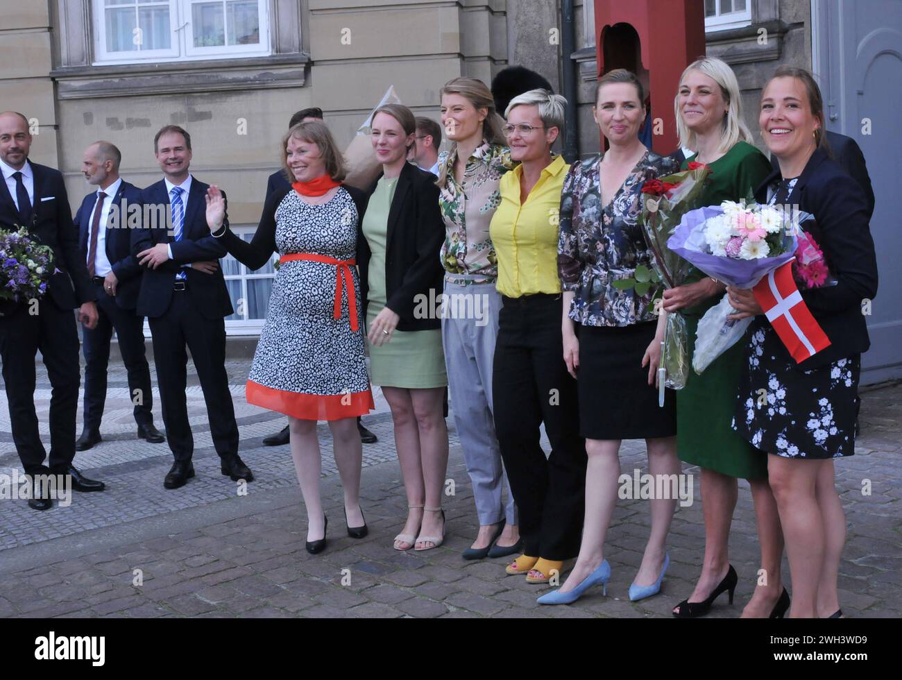 Copenhagen /Denmark./ 27June 2019/Ms. Mette Frederiksen New prime miniter of Denmark solo social democray govenorment after 40 years she presnets her minister team to first to H.M.The Queen Margrethe II of Denmark may be other royal familt member at Aamelineborg Palace and later she presents her New Got minister to Press media and nation infront of Amalienborg papace in Copenhagen Denmark she has 6 female minister on her team some miniter are new faces in minter team, New social memocrat priem minister Ms.Mette Frederisken and minister team at infront the Amalienborg Palace in danish capital.m Stock Photo